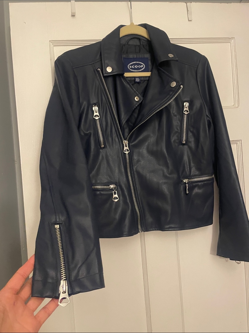 Women's Navy faux Leather Moto Jacket - Sleek Zip-Front Biker - Picture 5 of 9